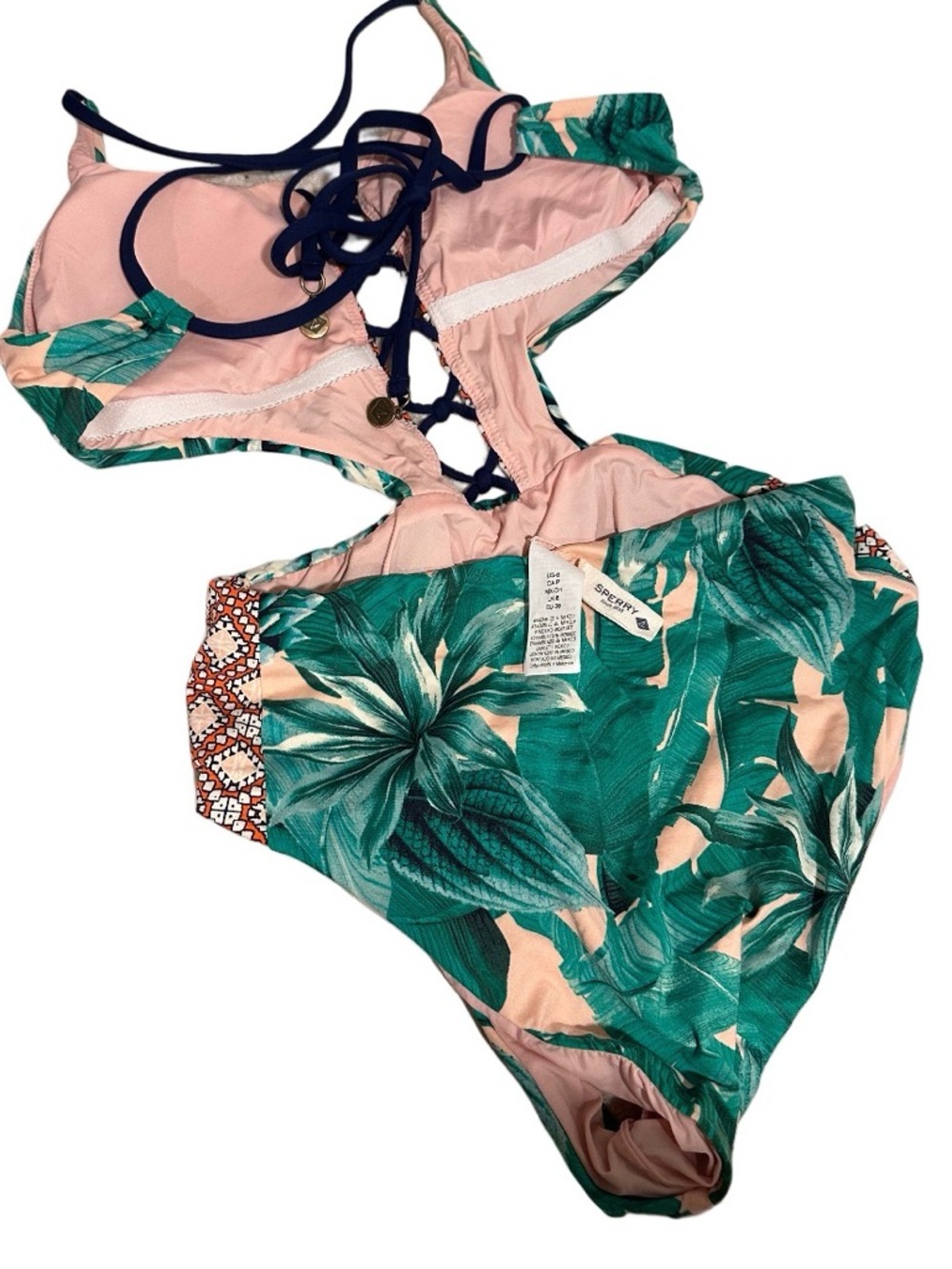Sperry Top-Sider Tropical 1-Piece Swimsuit Leaf Print Cut Out Braided -Small EUC - Picture 3 of 11